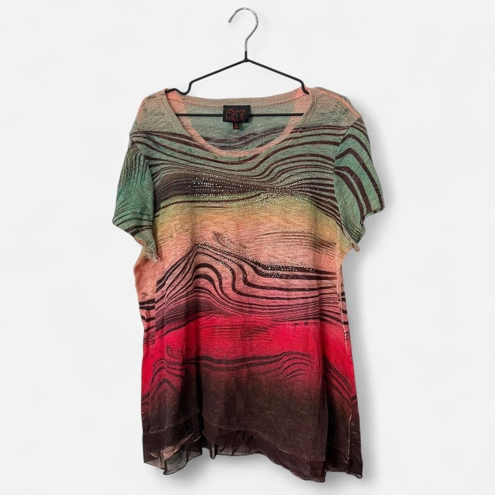 Y2K knit multicolored wavy striped sweater top Rhinestones 1x Plus size Fairy